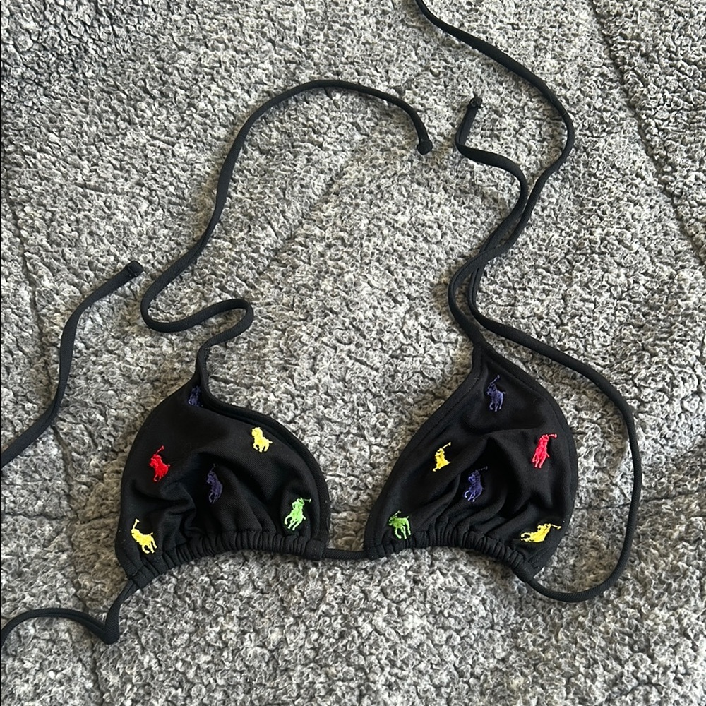 Black Triangle Bikini Top with Colorful Embroidery